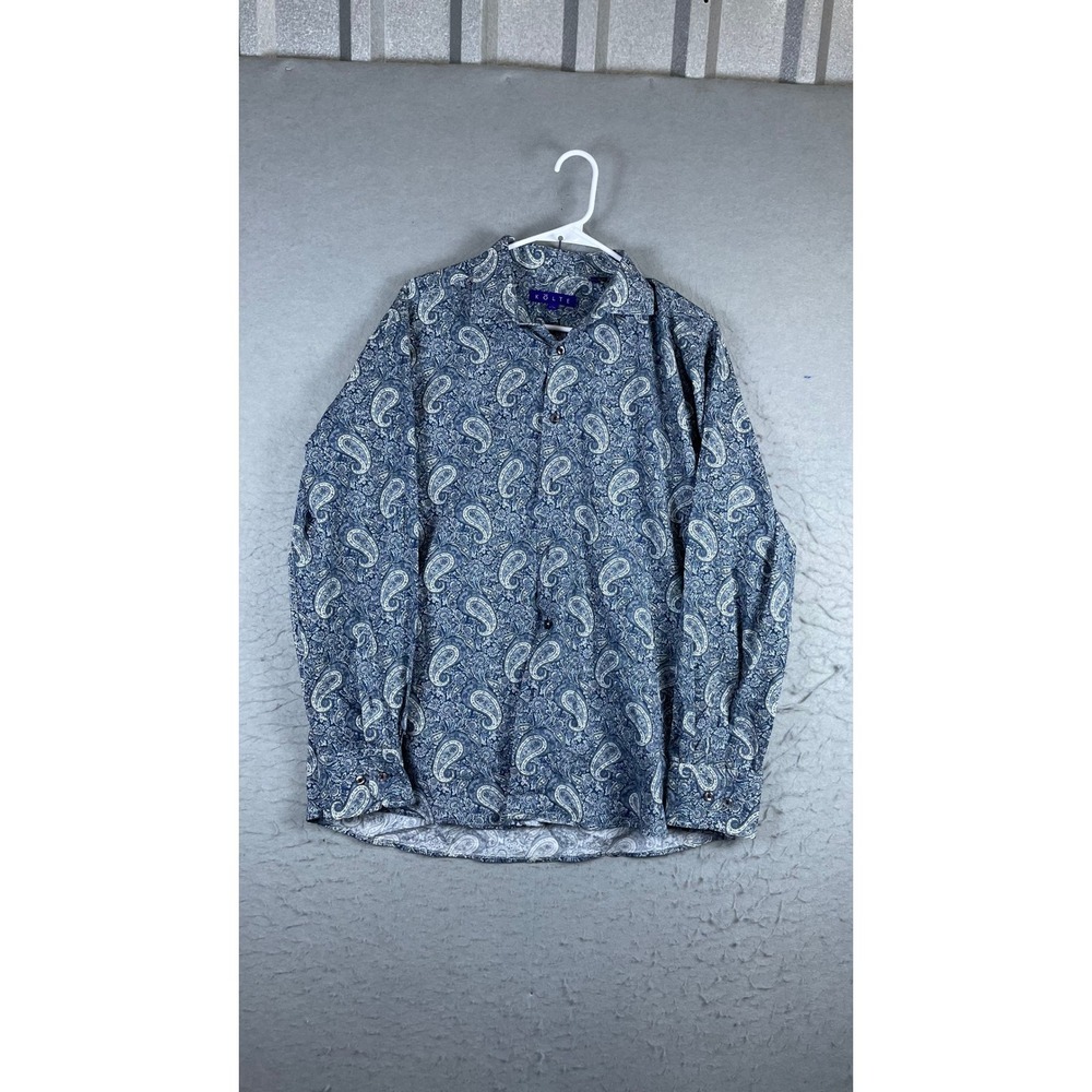 KOLTE Button Up Shirt Mens L 16.5 Blue Excellent Paisley Long Sleeve